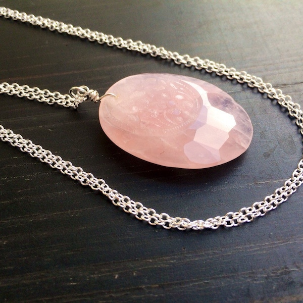 Handmade Carved Rose Quartz Pendant Necklace: Sterling Silver Chain