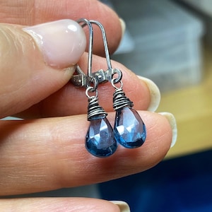 Natural London Blue Topaz Earnings, Tarnished Sterling Silver, Tiny Drops, Small Dangles, Minimalist Jewelry, Petite Jewelry, Gemstone, Gift