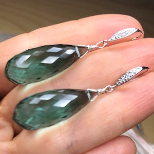 Aquamarine earrings, luxury jewelry, blue green aqua dangles, statement earrings, sterling silver pave image 10