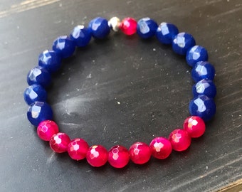 Blue Sapphire Pink Jade Bracelet.  Gemstone bracelet.  Colorful bracelet.  Adjustable bracelet.  Bold jewelry.  Boho bracelet, layered.