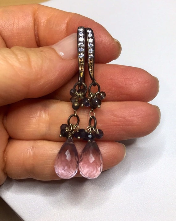 Multistone Amethyst, Rose Quartz, Iolite Hoop Wire Earrings Sterling Silver Multistone Amethyst, Rose Quartz, Iolite Hoop Wire Earrings Sterling Silver