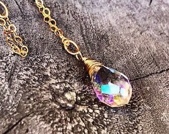 Rainbow Aurora Borealis drop pendant 14k gold necklace Swarovski Crystal jewelry.  Weddings bridal bridesmaids gifts.  Tiny Teardrop Pendant