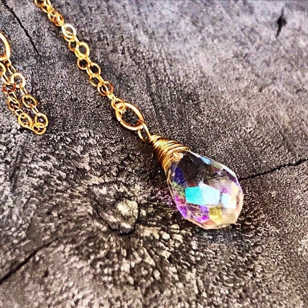 Rainbow Aurora Borealis drop pendant 14k gold necklace Swarovski Crystal jewelry.  Weddings bridal bridesmaids gifts.  Tiny Teardrop Pendant