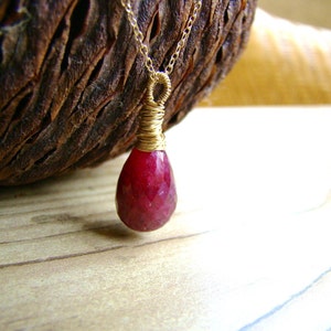 Handmade Red Ruby Pendant Necklace: 14k Gold Fill Chain, July Birthstone