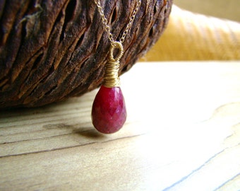 Natural Red Ruby pendant.  14k gold. Indian Ruby Necklace.  Wire wrapped. Burgundy ruby.  Teardrop ruby stone. July birthstone