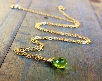 Tiny green Peridot pendant  drop Necklace.  Natural stone. Gold, Rose Gold or Sterling Silver.  Leo August birthstone