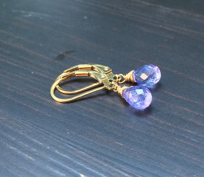 Sale Tiny Periwinkle Tanzanite stone Petite Earrings, natural Purple blue dangle drops, handmade jewelry. image 5