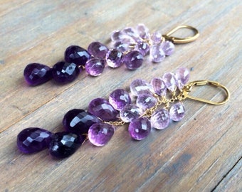 Sale 14K GOLD Ombre purple Amethyst Cascade Earrings, natural gemstone, Lavender Violet dangles. February birthstone gift