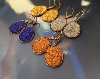 Sale Handmade Druzy gold earrings. Silver, yellow, blue, orange-choose your color