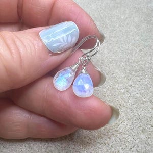Rainbow Moonstone earrings, small 14k gold dangles, petite white blue stone jewelry, natural drops, June Birthday, bridesmaids, prom gifts.