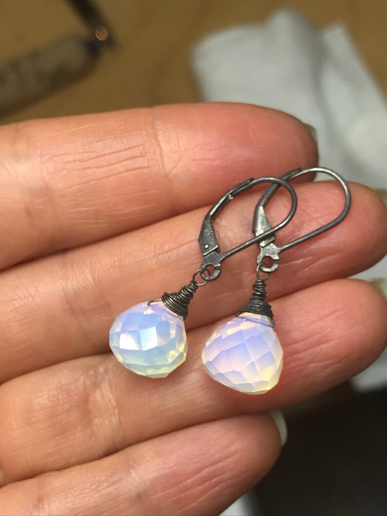 Petite Opaline Moonstone Earrings. Opal dangles. White Opalite drops. 14k Gold fill-Sterling Silver-Rose goldfill-Tarnished Silver image 10