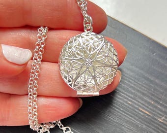 Handmade Sterling Silver Plated Locket Necklace: Vintage Filigree Photo Pendant