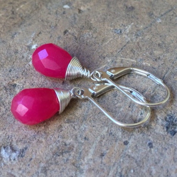 Hot Pink Jade sterling silver drops.  Magenta stone Earrings.  Jade dangles.  Vibrant pink gemstone earrings.  Bridesmaids gifts.  Bridal