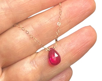 Tiny Red Ruby Quartz pendant 14k rose gold choker necklace. July birthstone gift.