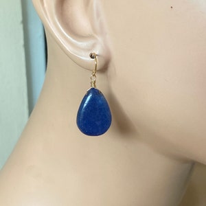 Gold Natural Blue Sapphire stone dangle drops earrings, wire wrapped, September Gemstone jewelry