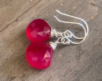 Sale Magenta Chalcedony Earrings.  Hot pink drops.  Bright pink dangles.  Gemstone earrings.  Sterling silver jewelry.  Bridal earrings.