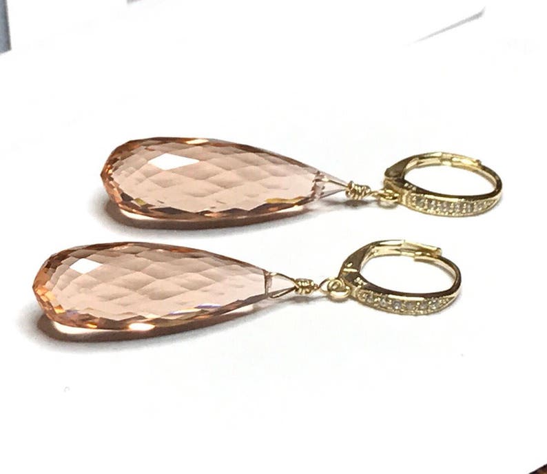 Morganite Earrings. Peach Morganite. Morganite dangles. Pink Orange. Gold Pave Leverbacks. Statement earrings. Luxury jewelry image 9