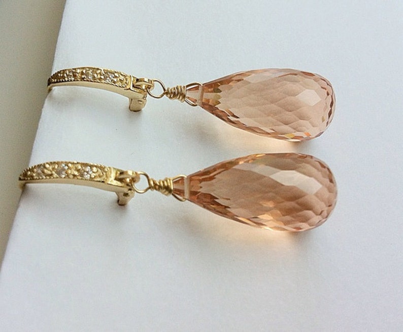 Morganite Earrings. Peach Morganite. Morganite dangles. Pink Orange. Gold Pave Leverbacks. Statement earrings. Luxury jewelry image 5