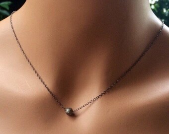 Tiny ball tarnished Silver charm pendant, chocker, oxidized necklace. Minimalist jewelry.