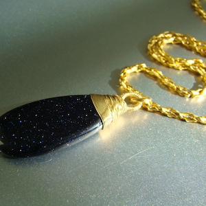 Midnight Goldstone Dark Blue Wire Wrapped Gold Necklace image 5