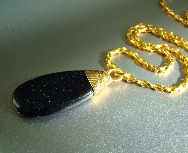 Midnight Goldstone Dark Blue Wire Wrapped Gold Necklace image 5