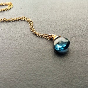 Natural London Blue Topaz stone tiny pendant necklace, gold fill, December birthsone jewelry
