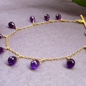 May include: A gold chain bracelet with a toggle clasp and dangling amethyst gemstones. The amethyst stones are faceted and have a teardrop shape.