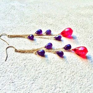 14k Gold Fill Dangle Earrings: Red Topaz & Purple Amethyst Cascades