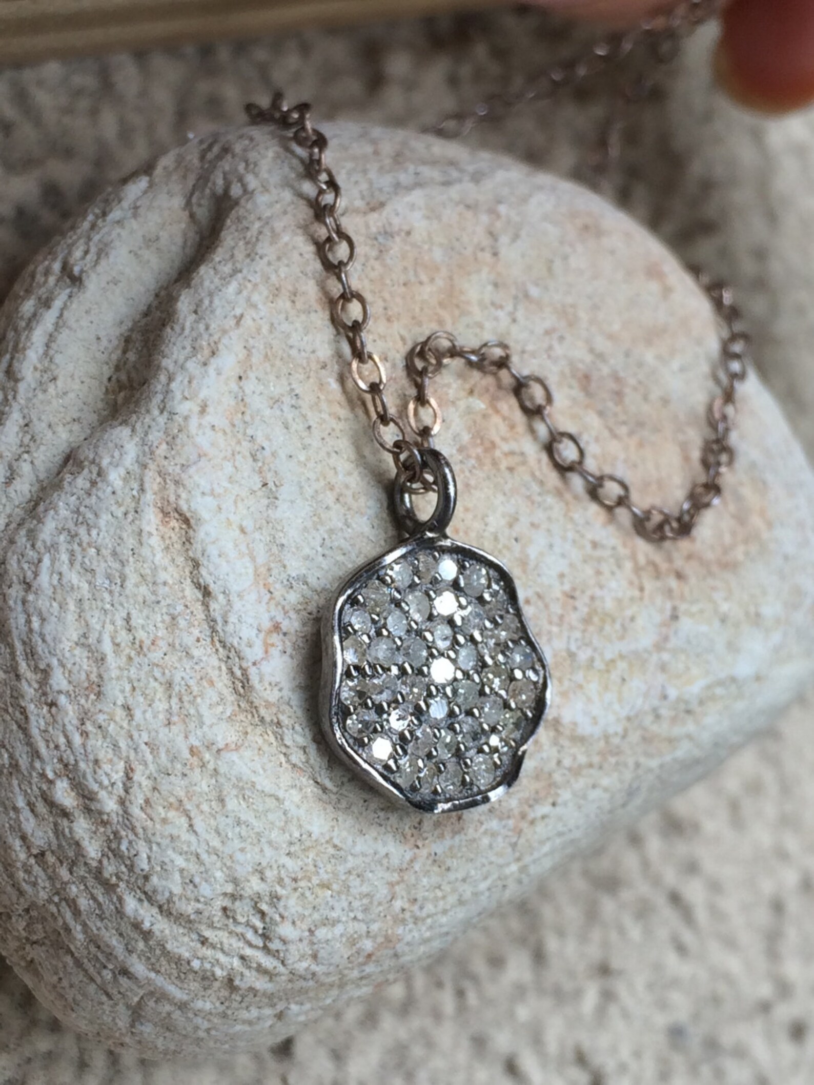 Raw Diamond pendant disk necklace tarnished sterling silver Etsy