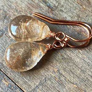 Golden Rutilated Quartz Earrings, smooth petite rutile Quartz dangles. Gold drops. Yellow. Gemstone earrings. Leverbacks. image 1