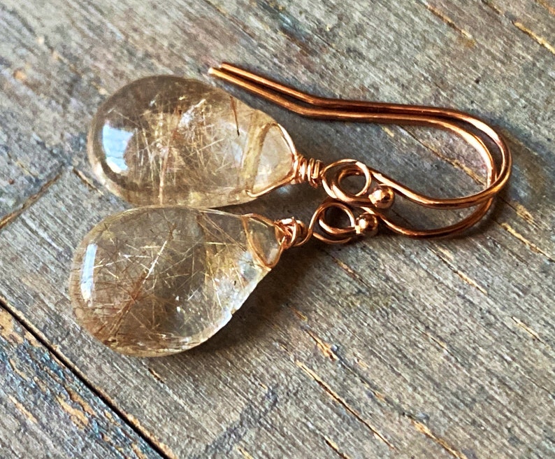 Golden Rutilated Quartz Earrings, smooth petite rutile Quartz dangles. Gold drops. Yellow. Gemstone earrings. Leverbacks. image 1