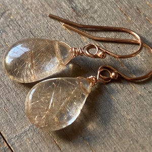 Golden Rutilated Quartz Earrings, smooth petite rutile Quartz dangles. Gold drops. Yellow. Gemstone earrings. Leverbacks. image 5