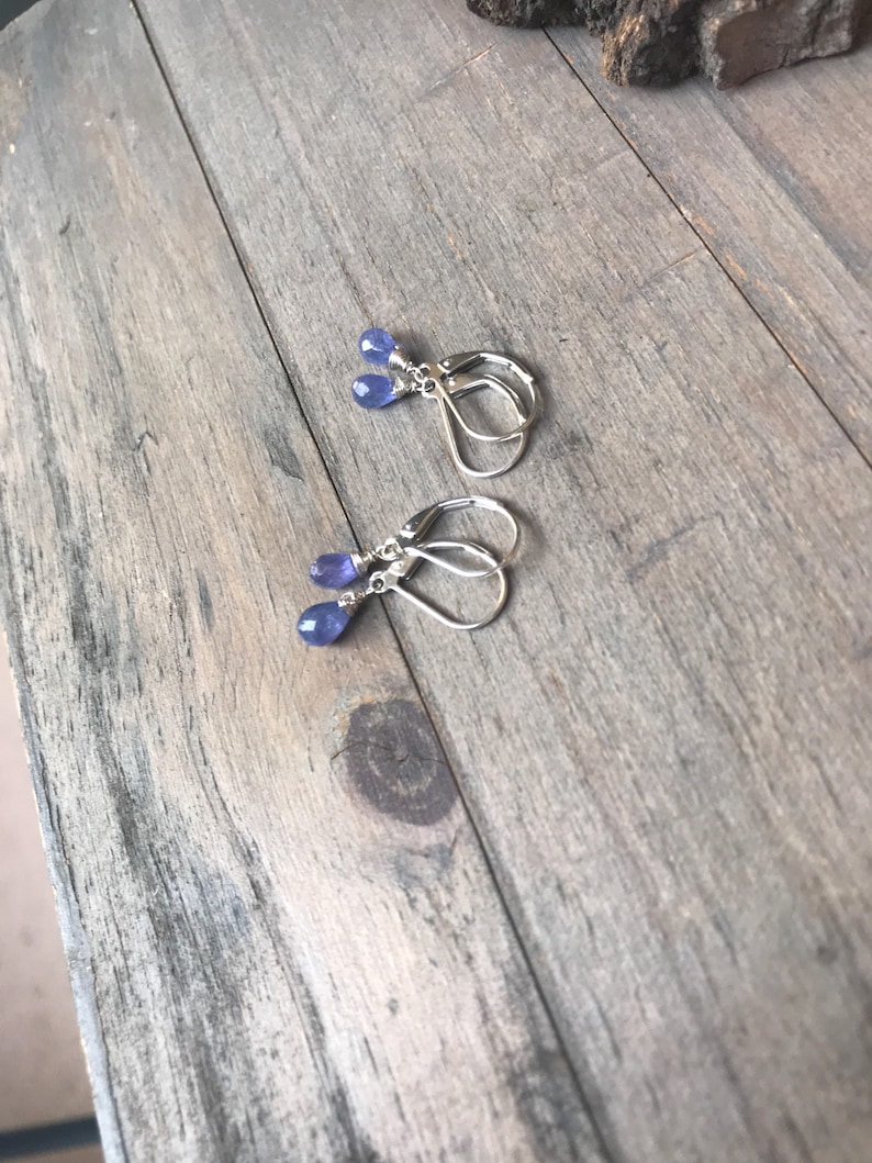 Sale Tiny Periwinkle Tanzanite stone Petite Earrings, natural Purple blue dangle drops, handmade jewelry. image 9