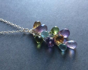 Amethyst Peridot Citrine Topaz Necklace, sterling silver, natural gemstone jewelry, wire wrapped.