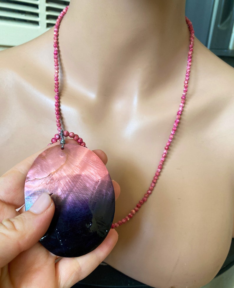 pink orange gemstone. one of a kind statement Coral 32\u201d long necklace beaded Mala Abalone shell pendant jewelry