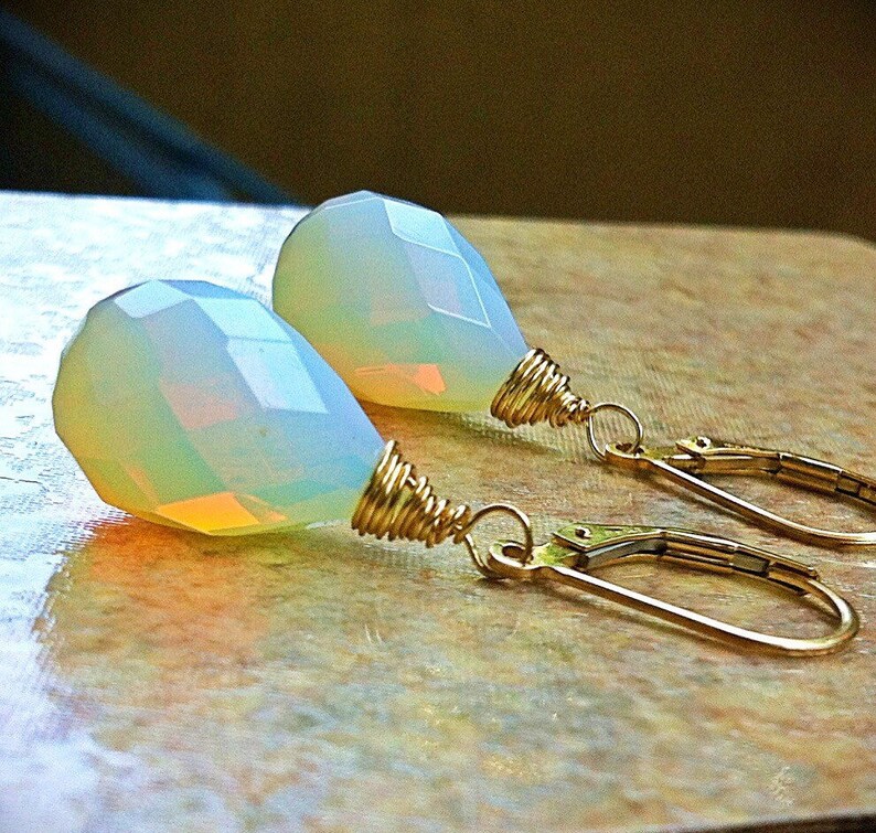 Petite Opaline Moonstone Earrings. Opal dangles. White Opalite drops. 14k Gold fill-Sterling Silver-Rose goldfill-Tarnished Silver image 1
