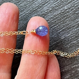 Tanzanite Stone Pendant, 14k Gold Fill Chain Necklace, Tiny Blue Purple Drop, Periwinkle Gem Solitaire, Dainty, Delicate jewelry Gift.