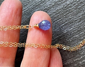 Tanzanite pendant gold Necklace. Tiny blue Periwinkle gem solitaire. Genuine Tanzanite Stone. Minimalist jewelry.