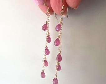 Long 14k Gold Ruby Earrings, Dangling Gemstone Chains, Minimalist Jewelry, July Birthday Gift.