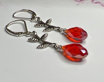 SALE Red Ruby Crystal Earrings Silver.  Swarovski crystal branches earrings.  Dangle earrings.  Birthday gift under 20.