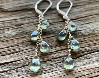 Blue Moss Aquamarine Cascade Earrings, natural aquamarine cluster dangles.  Aqua jewelry.  Sterling, Gold, Rose Gold, Tarnished silver