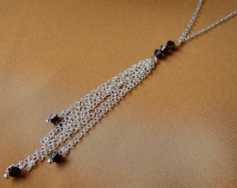 Sterling silver Y necklace. Swarovski tassels.  Garnet crystals.  Delicate jewelry. Birthstone jewelry.  Ss chains