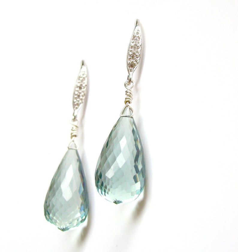 Aquamarine earrings, luxury jewelry, blue green aqua dangles, statement earrings, sterling silver pave image 3