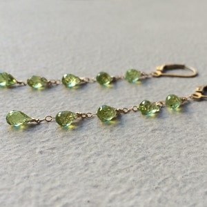 14k gold Natural Green Peridot Cascade Earrings, long chains, August birthstone jewelry, delicate dangles, Leo birthday image 3