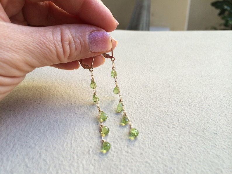 14k gold Natural Green Peridot Cascade Earrings, long chains, August birthstone jewelry, delicate dangles, Leo birthday image 4