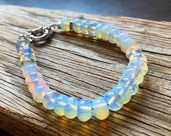 Opaline bracelet, fire Opal, glowing Opalite, October birthstone, sterling Silver plated.