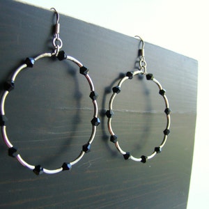 Unique Silver Hoop Earrings with Black Crystals, lightweight, flexible. Choose your color