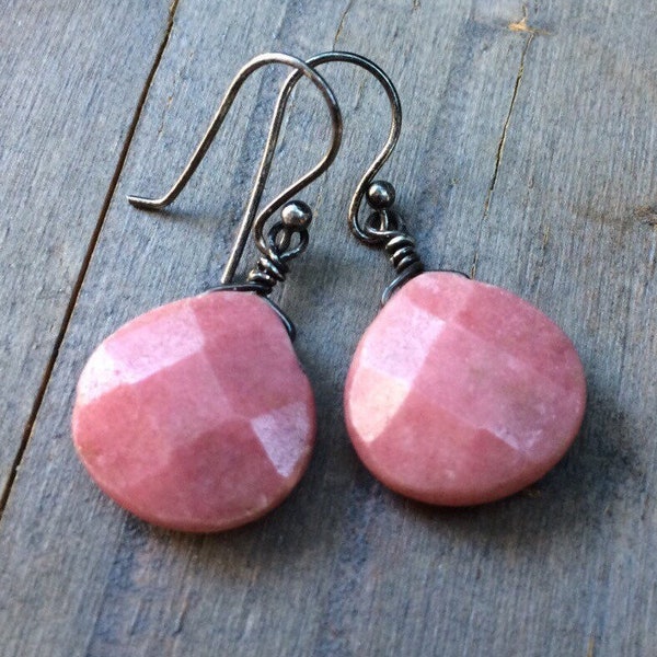 Pink Rhodonite dangle earrings, natural gemstone drops, sterling silver handmade jewelry.