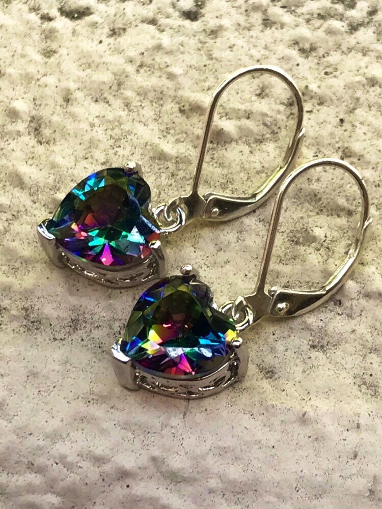 Bonito Estilo étnico Arco Iris Topacio Místico Piedra Preciosa Mujer Pendientes Colgantes Plata Joyas Para Boda Aniversario Fiesta