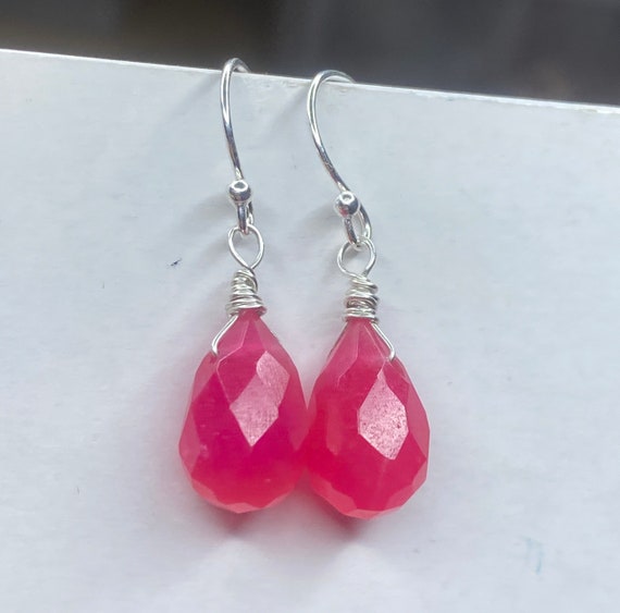 Hot neon Pink Jade dangle Earrings Magenta gemstone Simple | Etsy